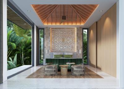 Modern living room with large windows and green view