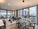 Modern living and dining area with large windows and city view