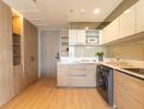 Modern kitchen with wooden cabinetry and built-in appliances