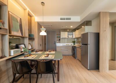 Modern kitchen and dining area with wooden finishes