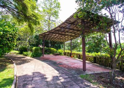 Covered outdoor patio with greenery