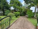 Paved driveway with lush greenery on both sides