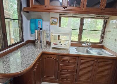 Wooden kitchen cabinets with windows and countertop