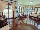 Spacious living room with wooden floors and large windows