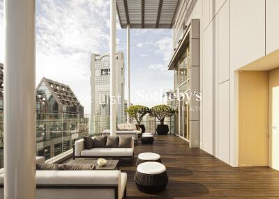 Modern outdoor balcony with city view and outdoor furniture