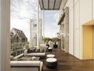 Modern outdoor balcony with city view and outdoor furniture