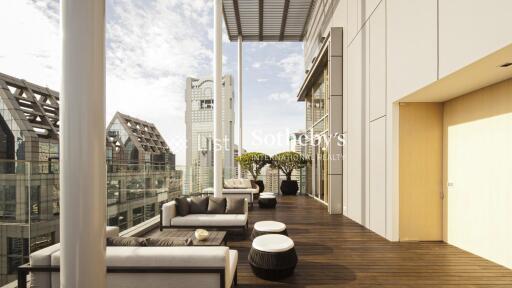 Modern outdoor balcony with city view and outdoor furniture