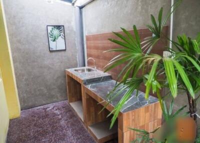 Small kitchen with a marble countertop and indoor plants