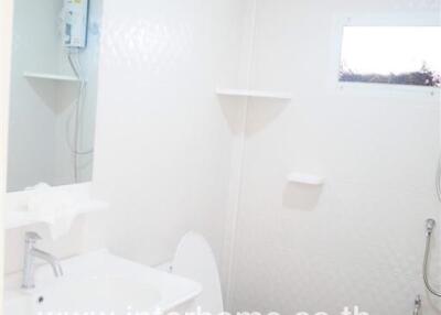 White bathroom with sink, toilet, and shower