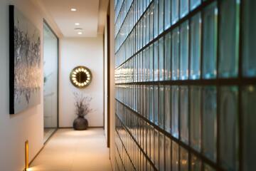 Modern hallway with glass block wall