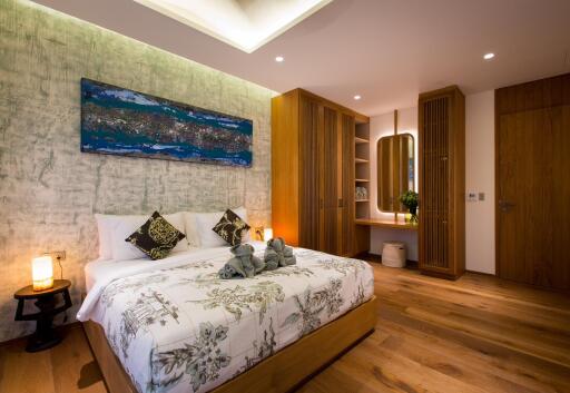 Modern bedroom with wooden furniture and decorative elements