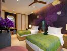 Bedroom with two beds, floral-themed wall art, and modern decor