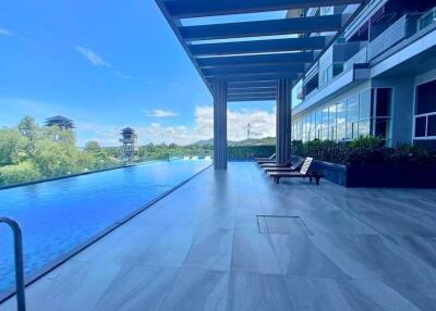 Rooftop infinity pool with lounge chairs