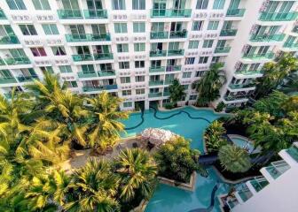 Exterior of residential building with swimming pool