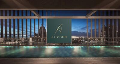 Rooftop pool area with city skyline view