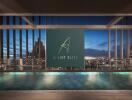 Rooftop pool area with city skyline view