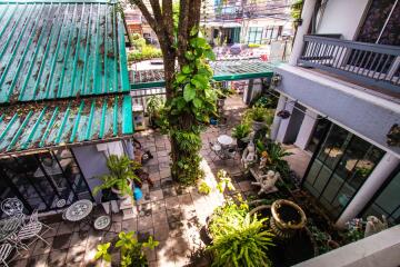 Aerial view of a courtyard with plants and outdoor seating