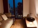 Modern living room at night with city view