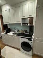 Modern kitchen with white cabinetry and built-in appliances