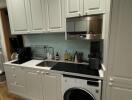 Modern kitchen with white cabinetry and built-in appliances