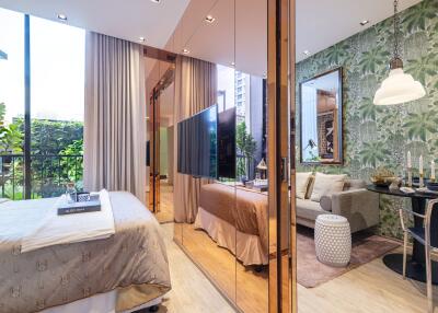 Modern bedroom with large windows, mirrored closet, and a view of a scenic garden