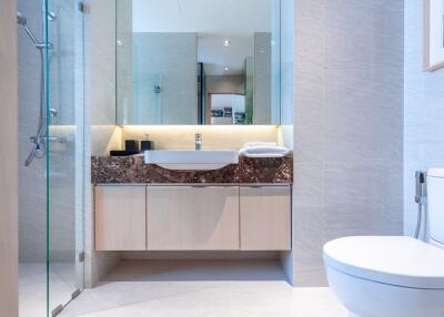 Modern bathroom with glass walk-in shower and sleek fixtures