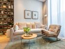 modern living room with beige sofa, fur chair, and decorated wall