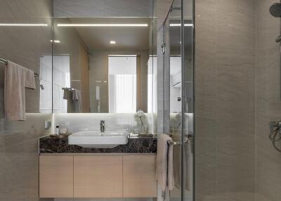 Modern clean bathroom with shower and vanity