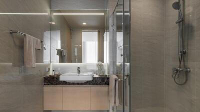 Modern clean bathroom with shower and vanity