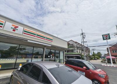 Exterior view of a 7-Eleven store and parked cars