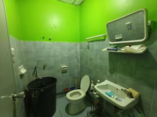 Bathroom with bright green walls, a toilet, sink, and various toiletries