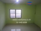 Empty bedroom with tiled floor and barred window