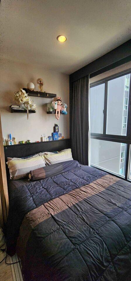 Cozy bedroom with a large window and decorative shelving