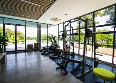 Home gym with exercise equipment and large windows