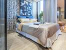 Modern bedroom with double bed and artistic decor