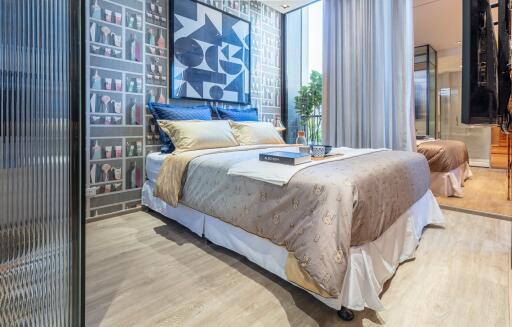 Modern bedroom with double bed and artistic decor