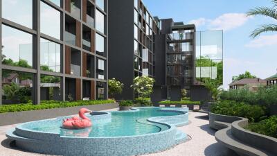 Modern apartment building with outdoor pool and landscaping