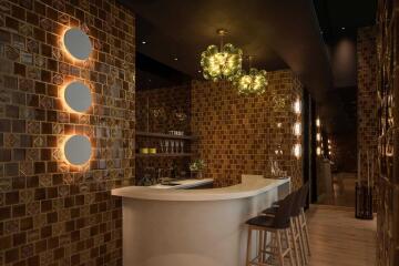 Modern bar area with decorative tiles and unique lighting