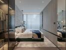 Modern bedroom with large mirror, stylish decor, and natural lighting