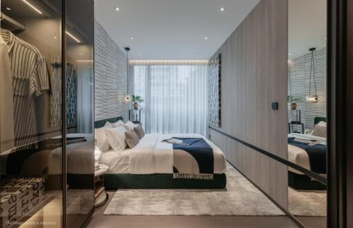 Modern bedroom with large mirror, stylish decor, and natural lighting