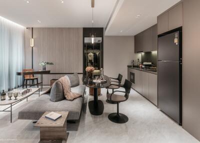 Modern living area with kitchenette and dining space