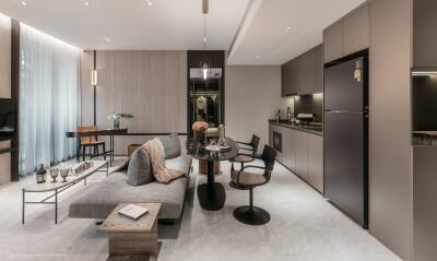 Modern living area with kitchenette and dining space