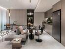 Modern living area with kitchenette and dining space