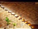 modern floating staircase with brick wall