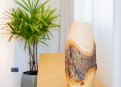 Close-up of a decorative wooden vase and a potted plant