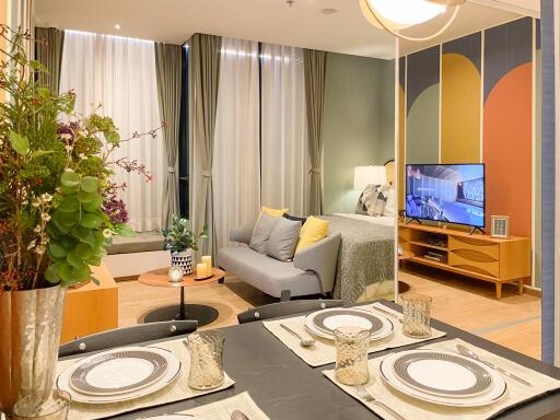 Modern living and dining area with natural light