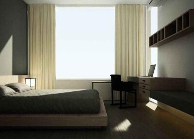 Modern bedroom with large window and minimalist design