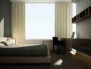 Modern bedroom with large window and minimalist design