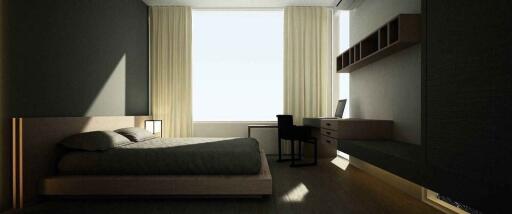 Modern bedroom with large window and minimalist design