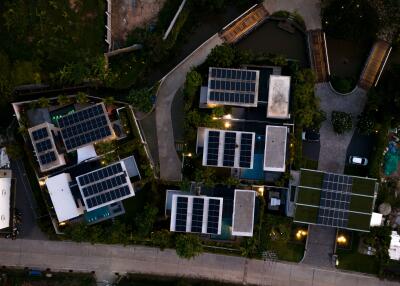 Aerial view of modern buildings with solar panels